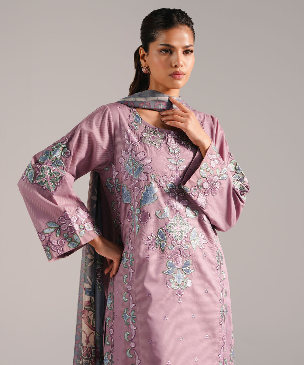 Women's RTW Zari Lawn Embroidered Lavender 3 Piece Suit