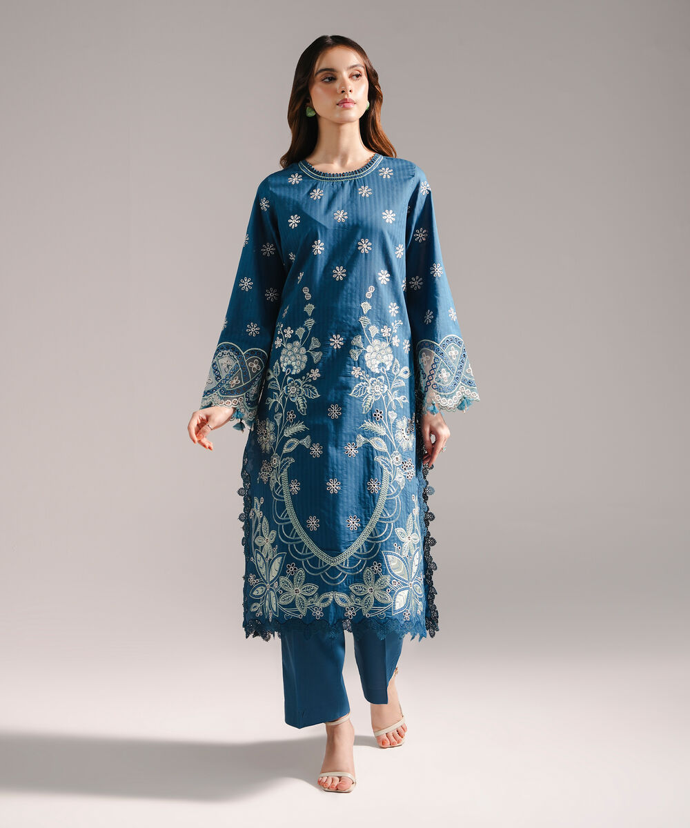 Women's RTW Textured Cotton Embroidered Teal 2 Piece Suit