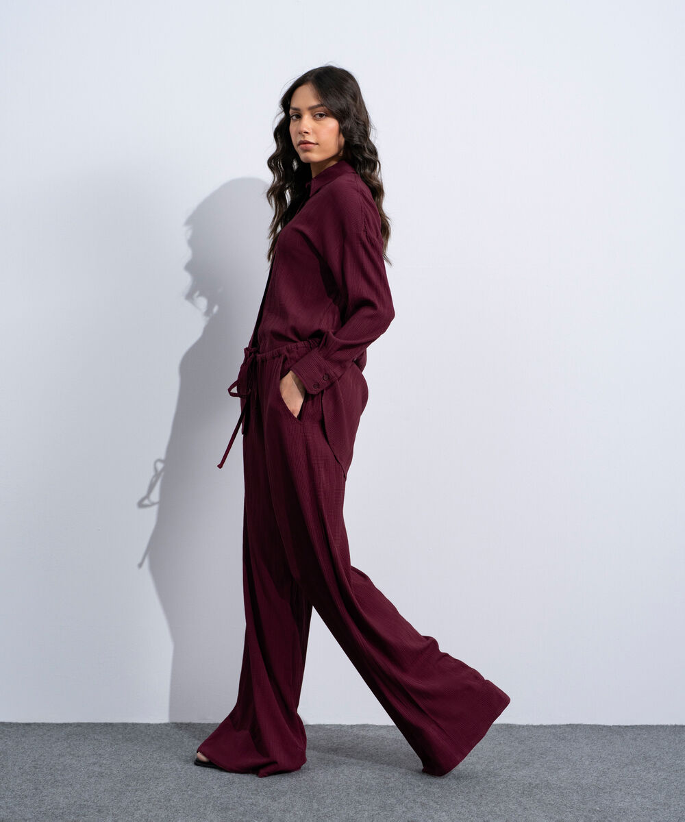 Women's Western Burgundy Wide-Leg Seersucker Trousers