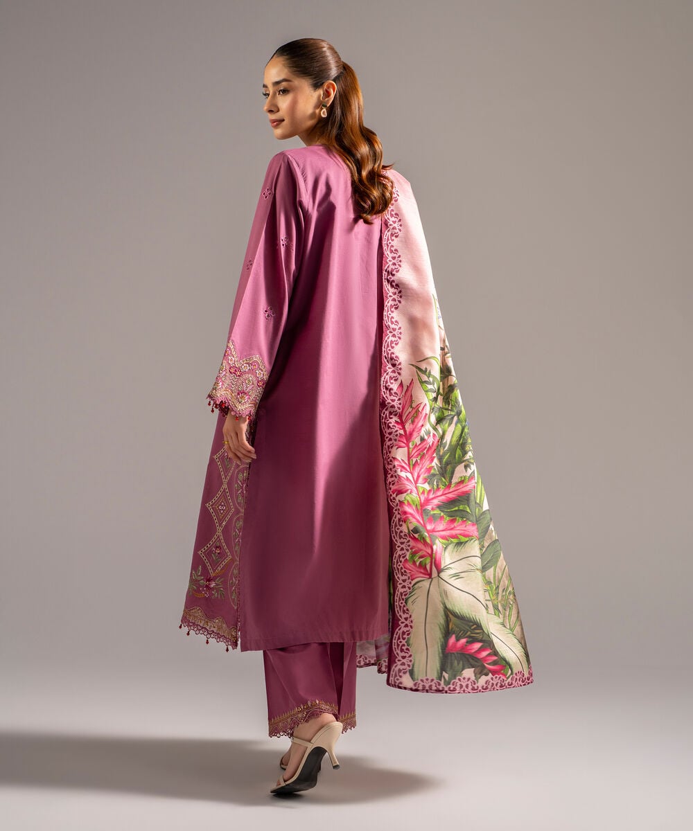 Women's RTW Slub Lawn Embroidered Mauve Pink 3 Piece Suit