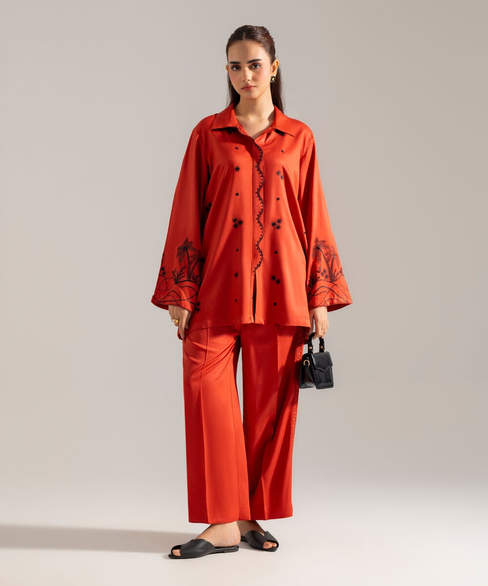 Women's RTW Solid Embroidered Rust Bedford Shirt