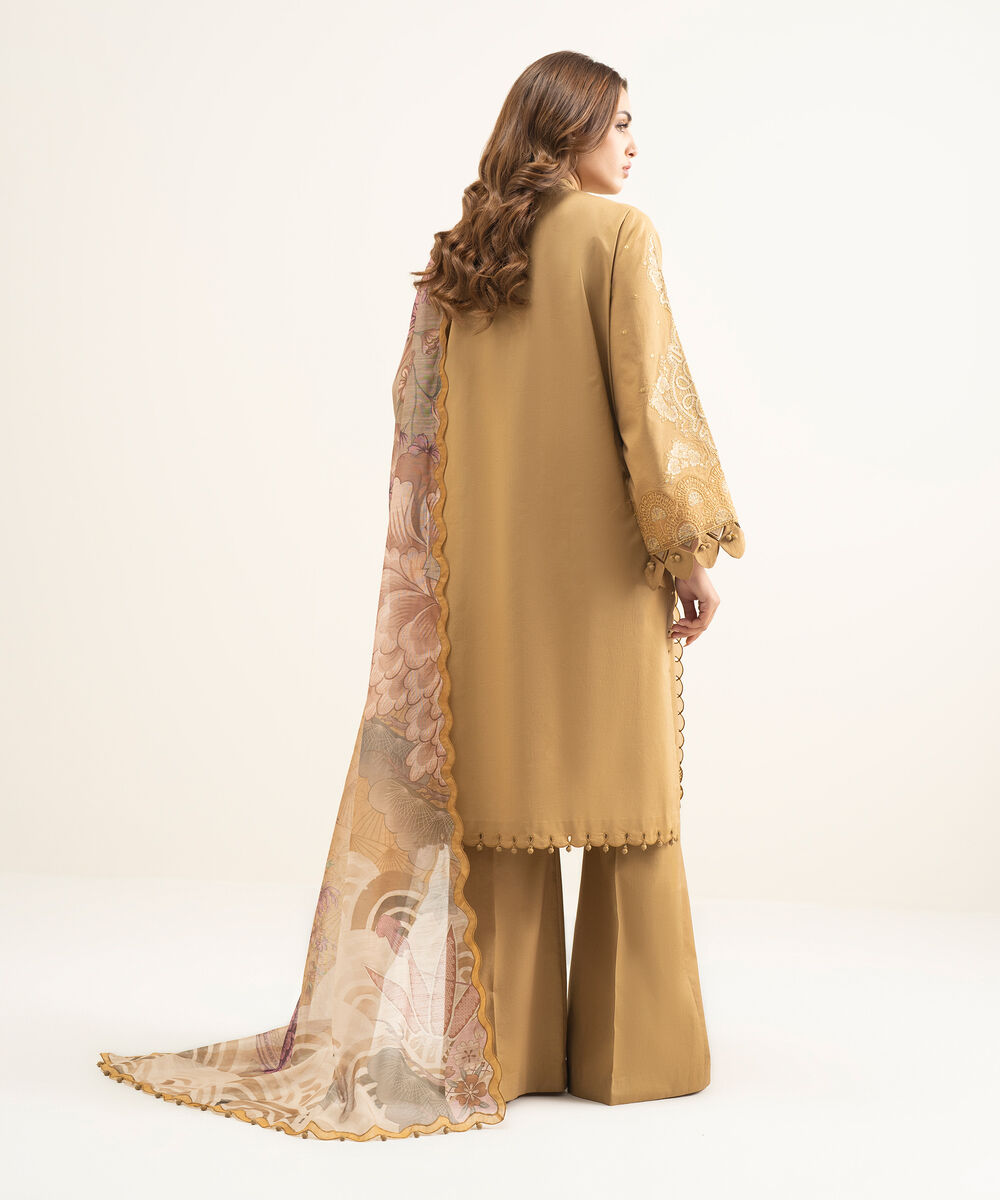 Women's Unstitched Textured Lawn Brown Embroidered 3 Piece Suit