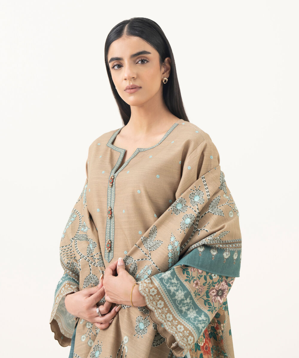 Women's Unstitched Light Khaddar Embroidered Beige 3 Piece Suit