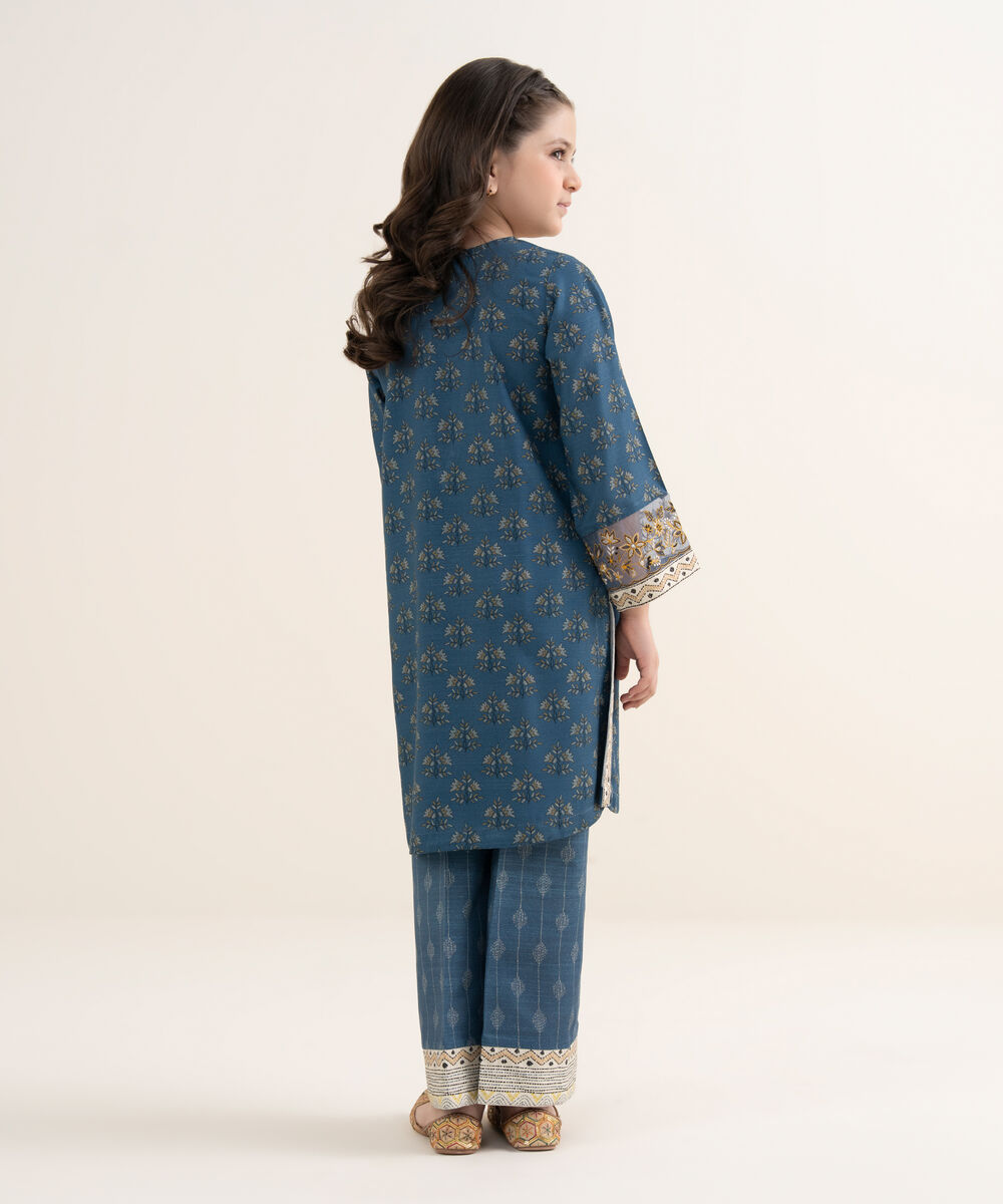 Girl's Arabic Khaddar Embroidered Blue 2 Piece Suit