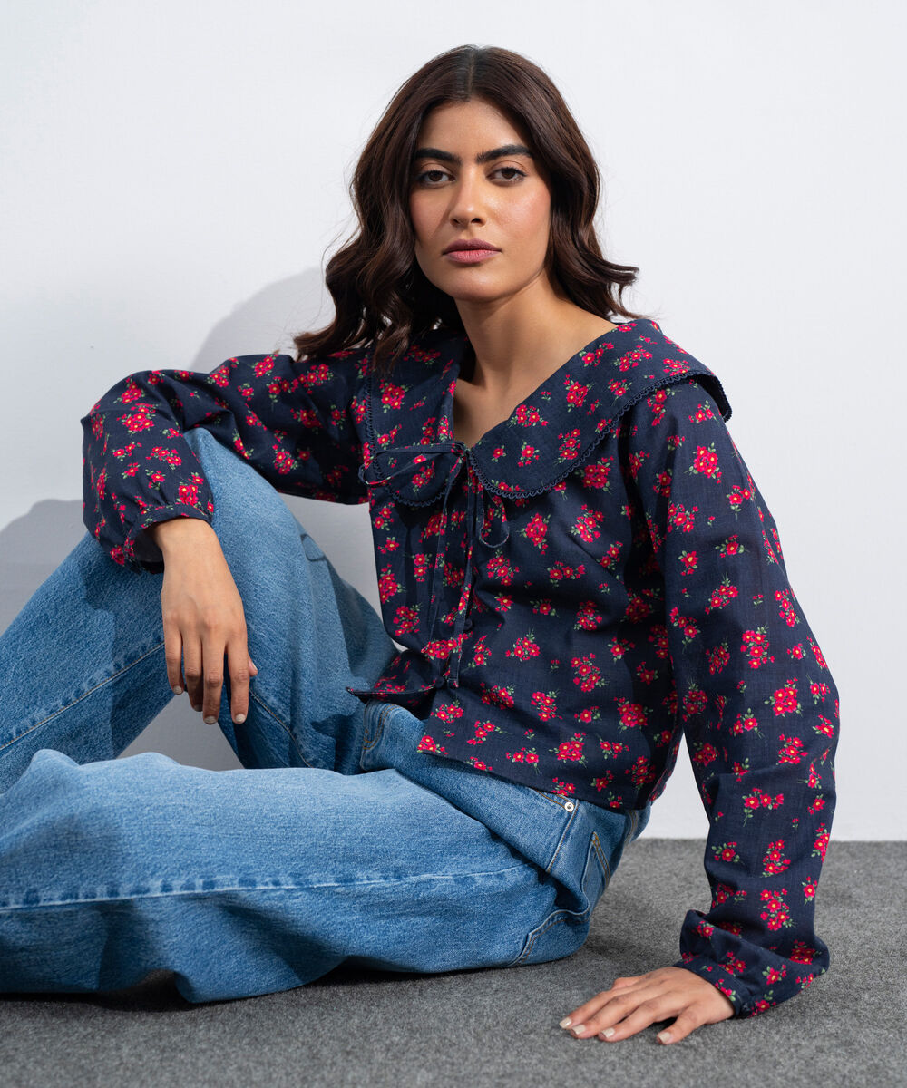 Women's Western Black And  Red Printed Blouse With Peter-Pan Collar