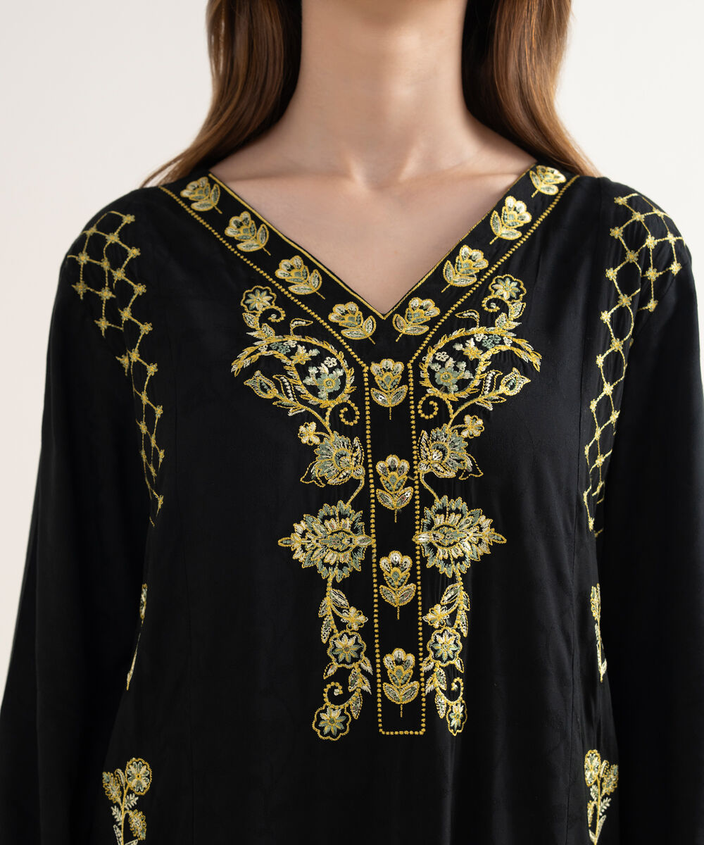 Women's RTW Textured Viscose Embroidered Straight Black Shirt