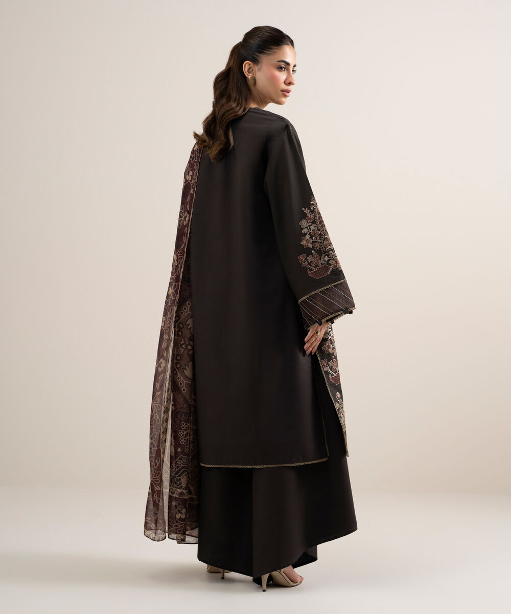 Women's Unstitched Textured Lawn Embroidered Brown 3 Piece Suit