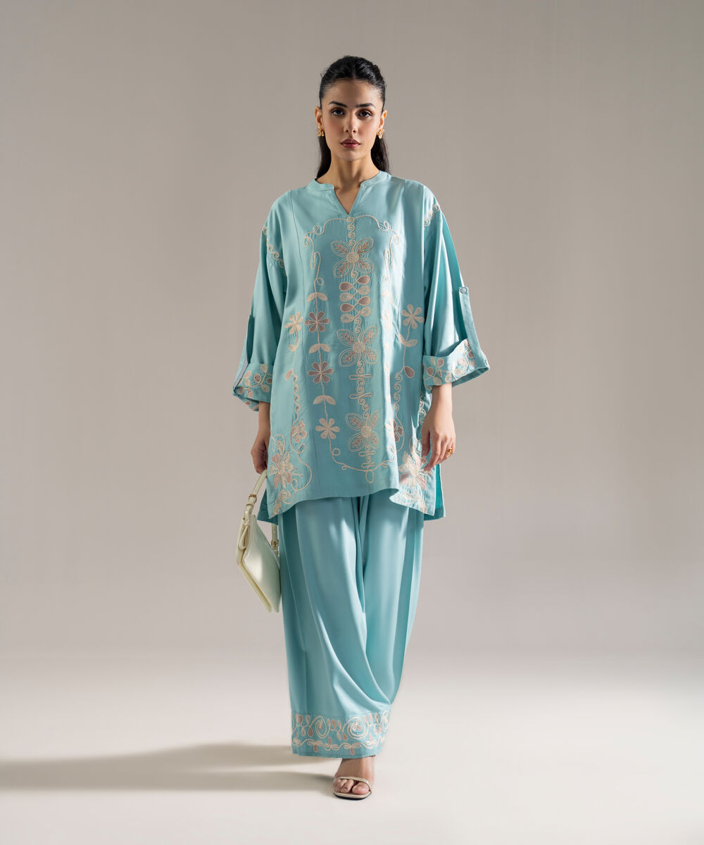 Women's RTW Viscose Marina Solid Embroidered Blue Drop Shoulder Shirt