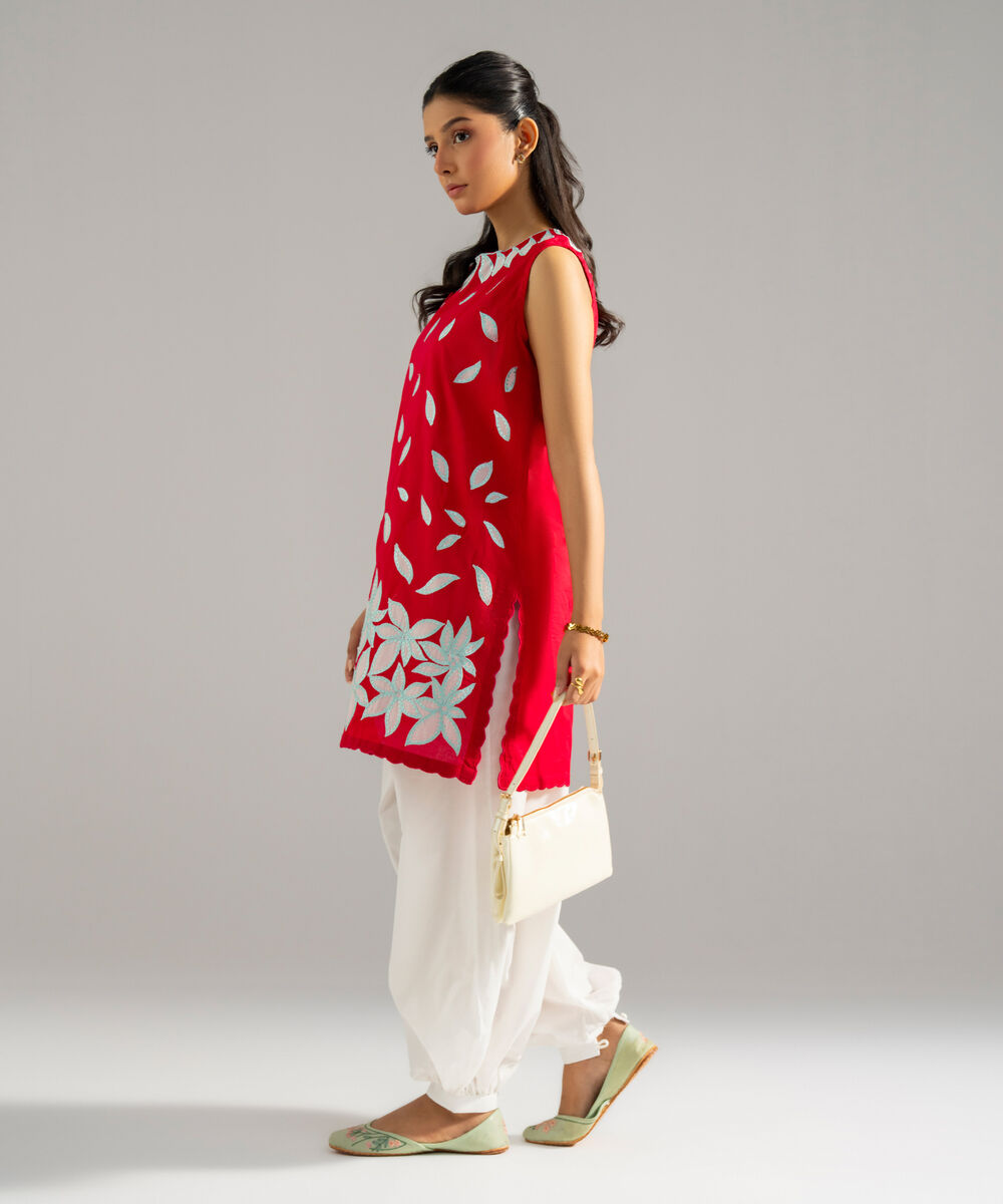 Women's RTW Lawn Solid Embroidered Red 2 Piece Suit