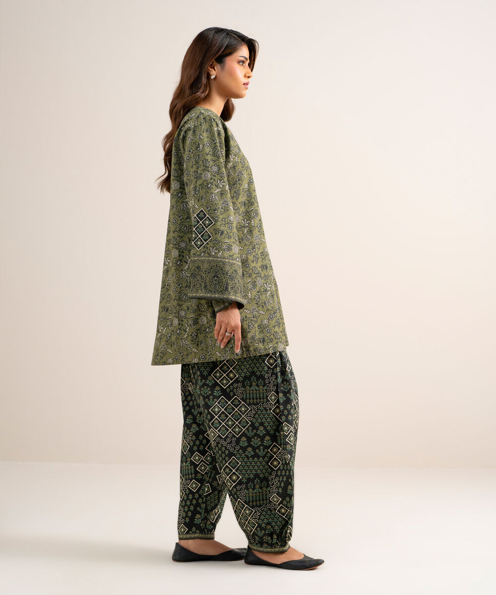 Women's Unstitched Cotton Printed Green 2 Piece Suit