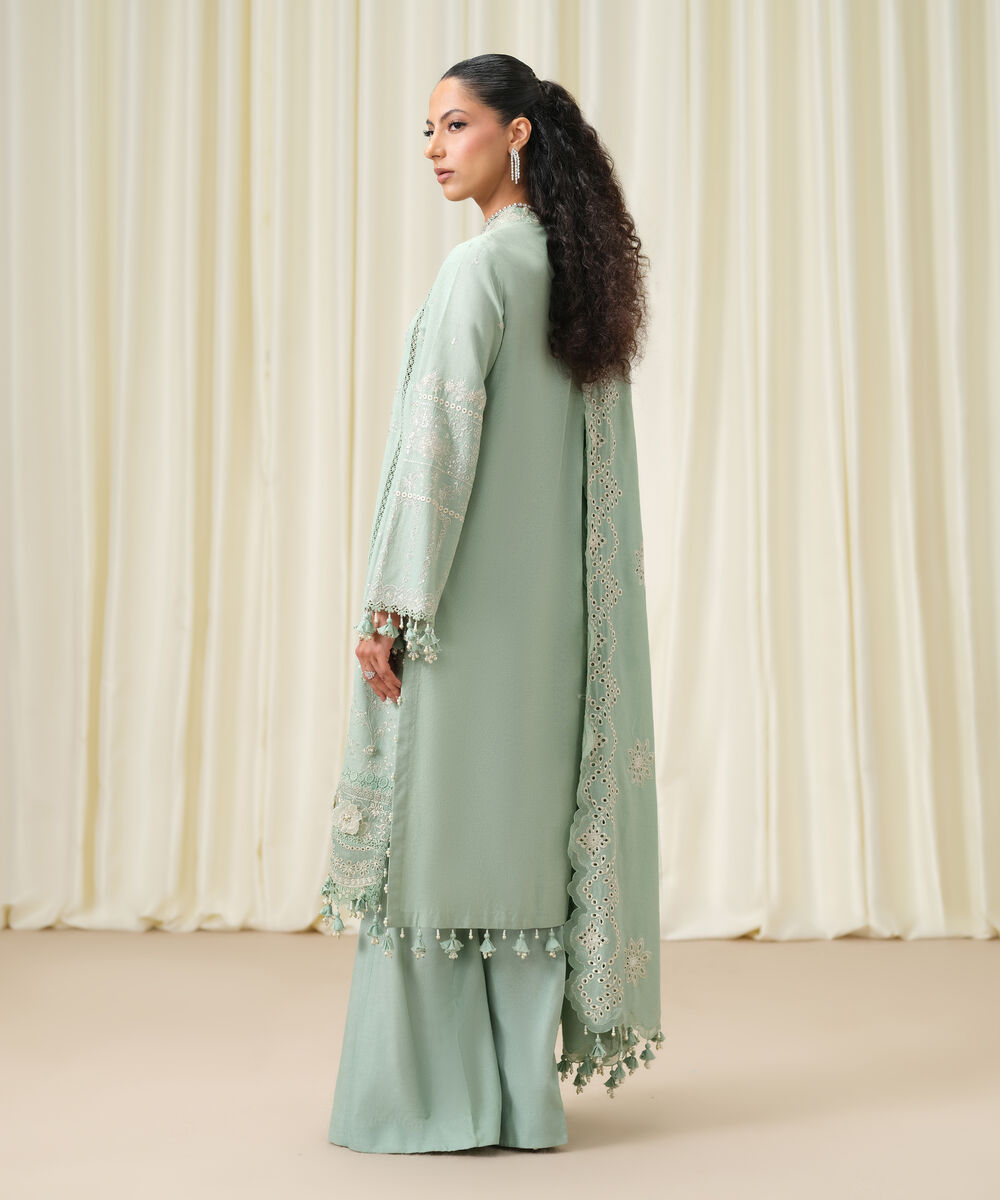 Women's Unstitched Embroidered Linen Moss Green 3 Piece Suit
