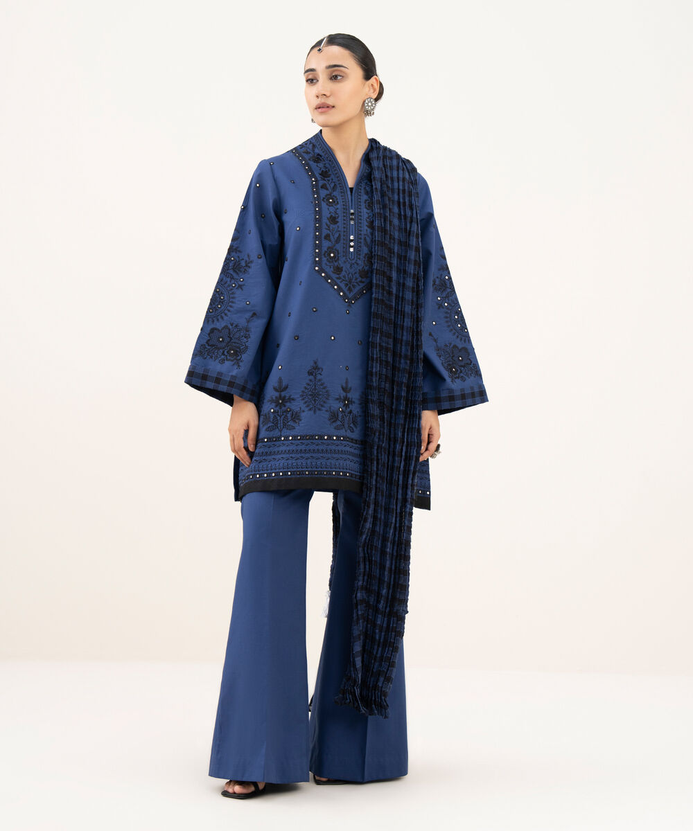 Women's Unstitched Cotton Embroidered Blue 3 Piece Suit