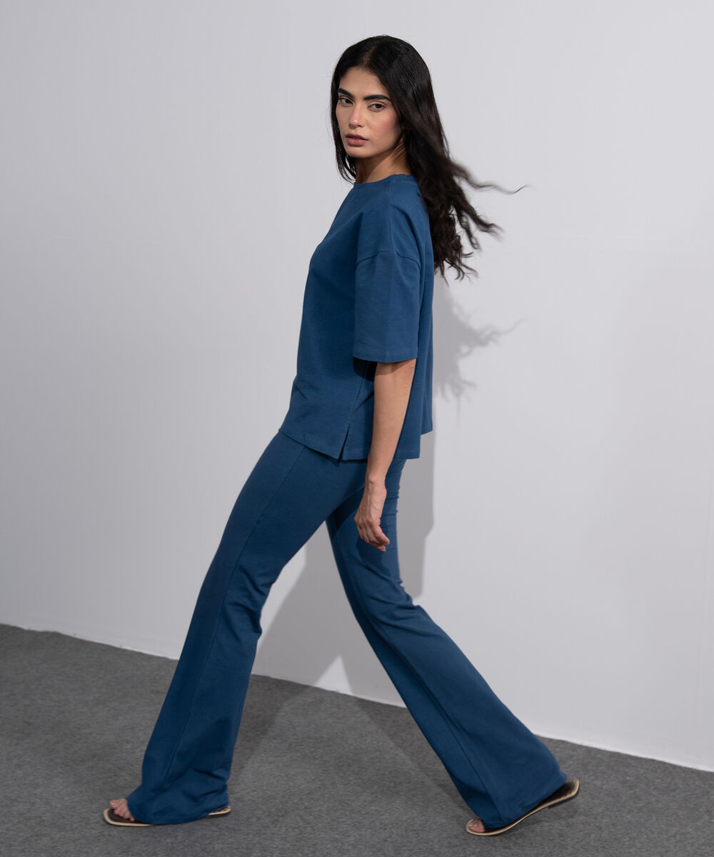 Women's Blue Stretchy Flared Trousers
