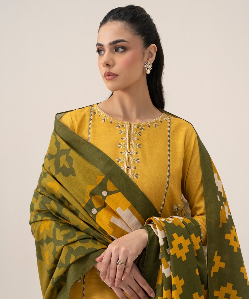 Women's Unstitched Lawn Embroidered Yellow 3 Piece Suit