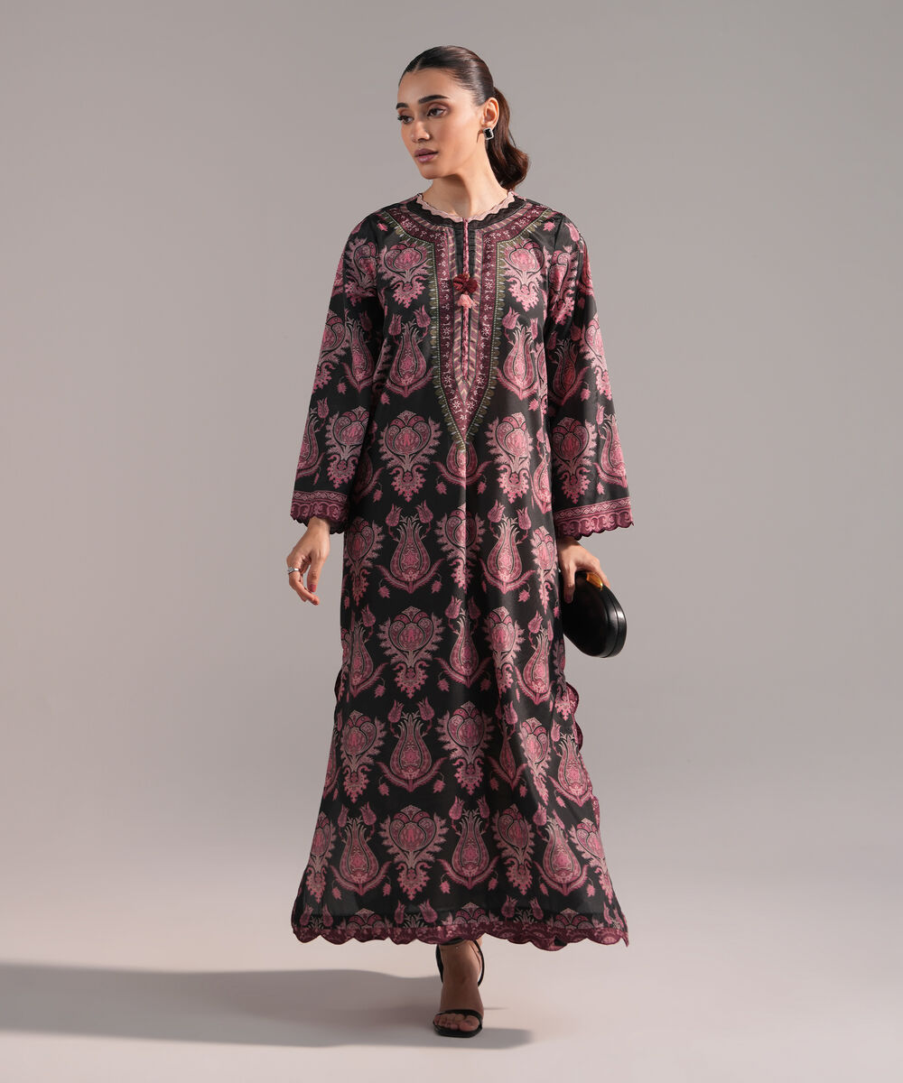 Women's RTW Blended Grip Silk Printed Black A-Line Shirt