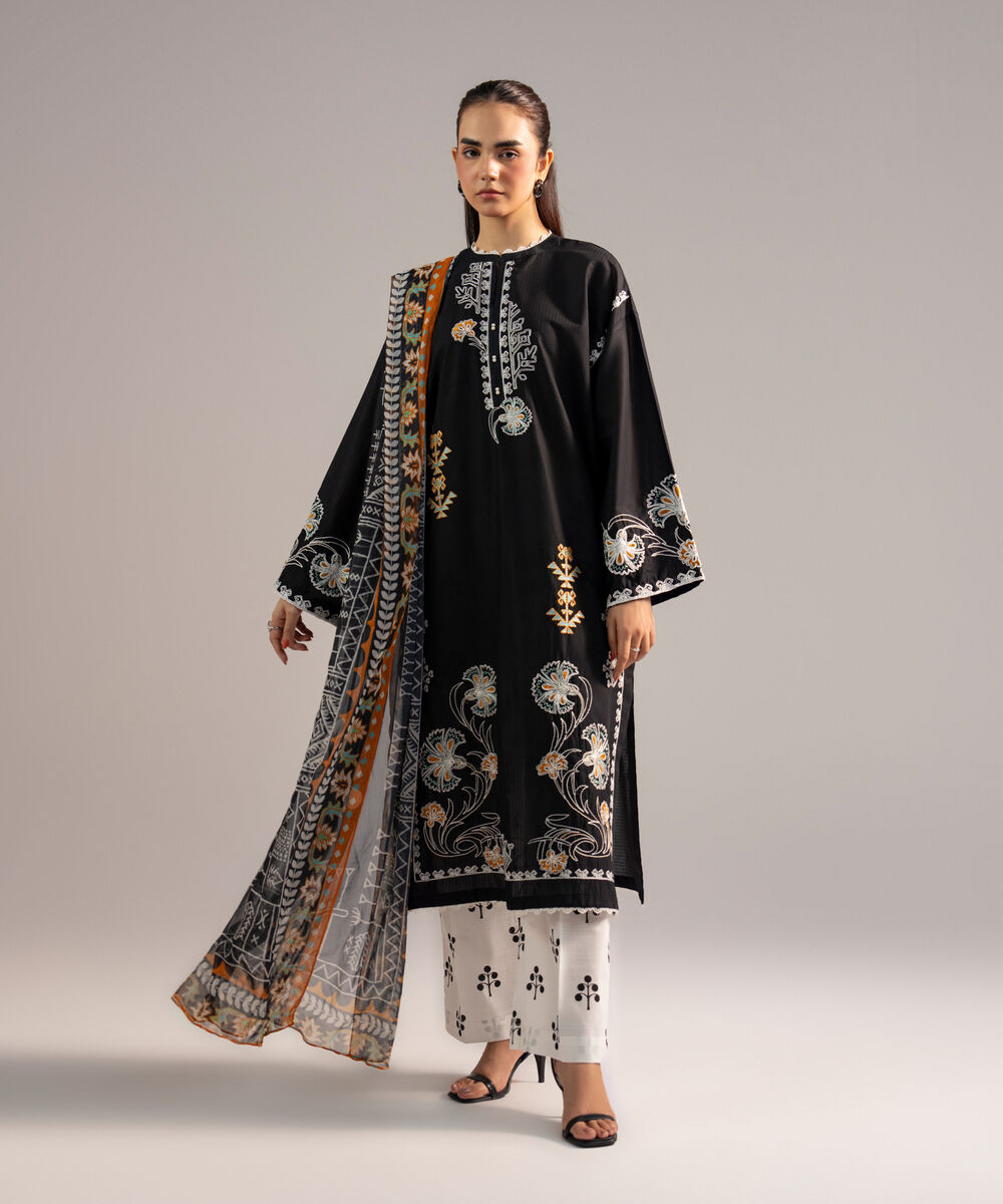 Women's RTW Dobby Embroidered Black 3 Piece Suit