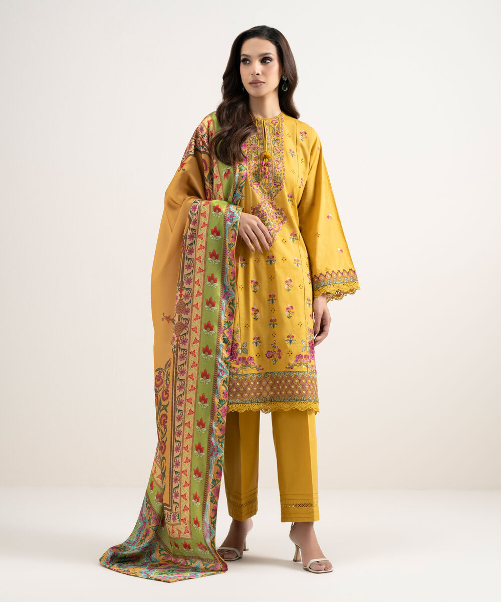 Women's Unstitched Textured Lawn Embroidered Yellow 3 Piece Suit