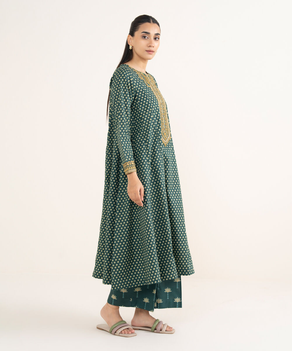 Women's RTW Cambric Green Embroidered A-Line Shirt