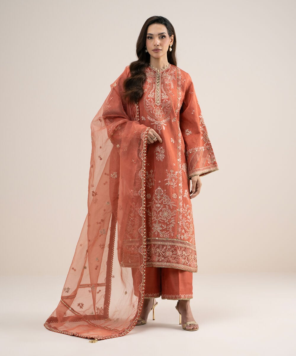Womens Unstitched Viscose Raw Silk Embroidered Peach 3 Piece Suit