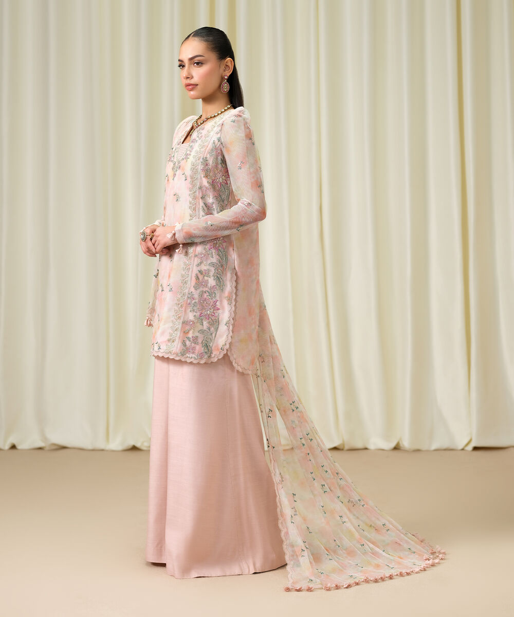 Women's Unstitched Blended Net Embroidered Pink 3 Piece Suit