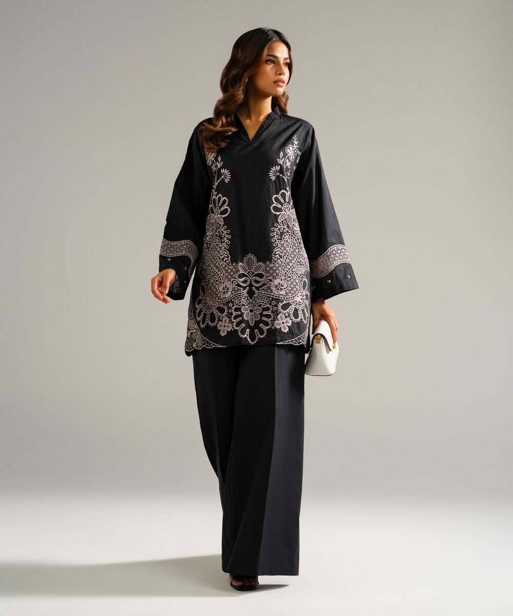 Women's RTW Self Jacquard Embroidered Black 2 Piece Suit