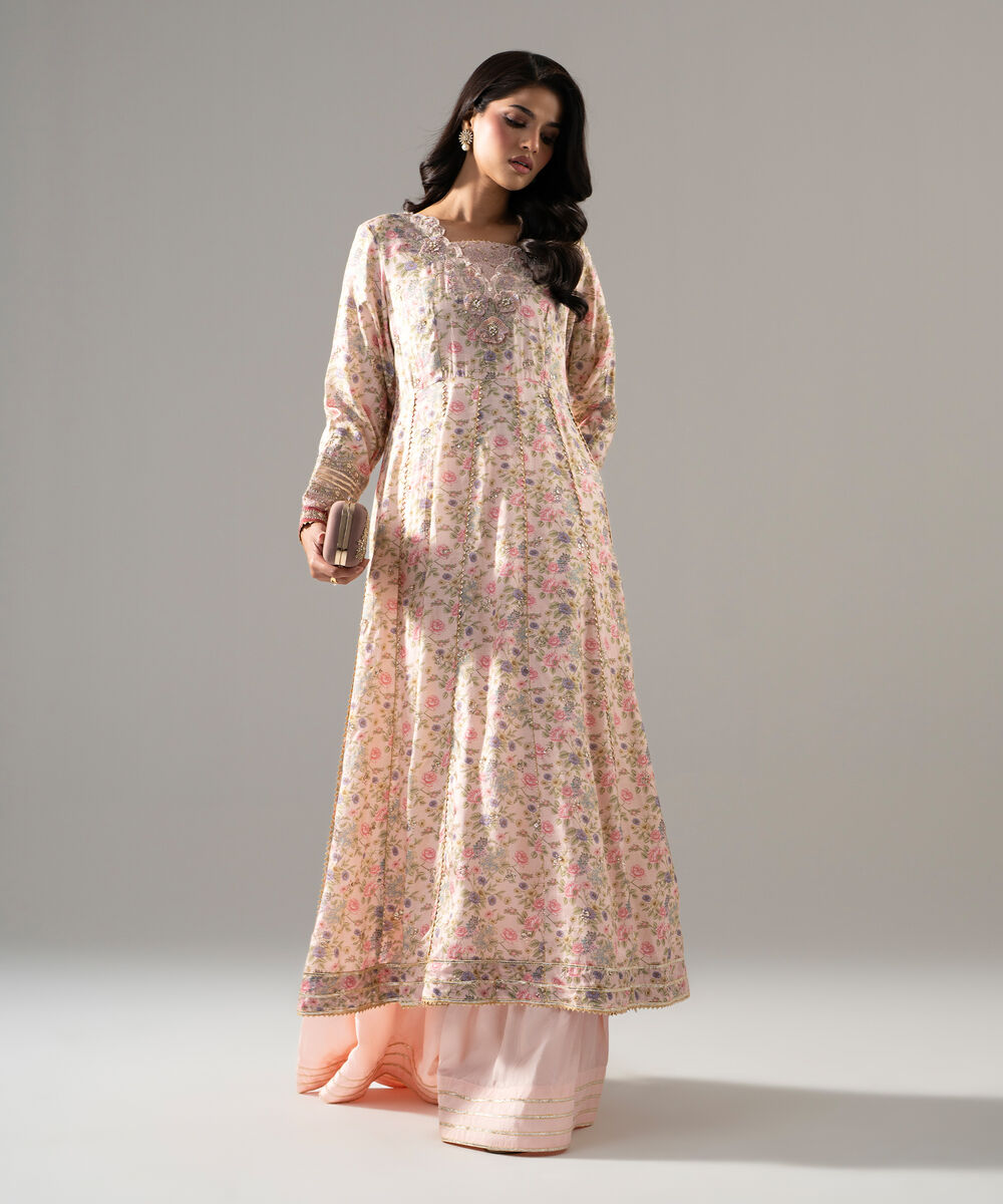 Women's RTW Bright Raw Silk Printed Pink 2 Piece Suit