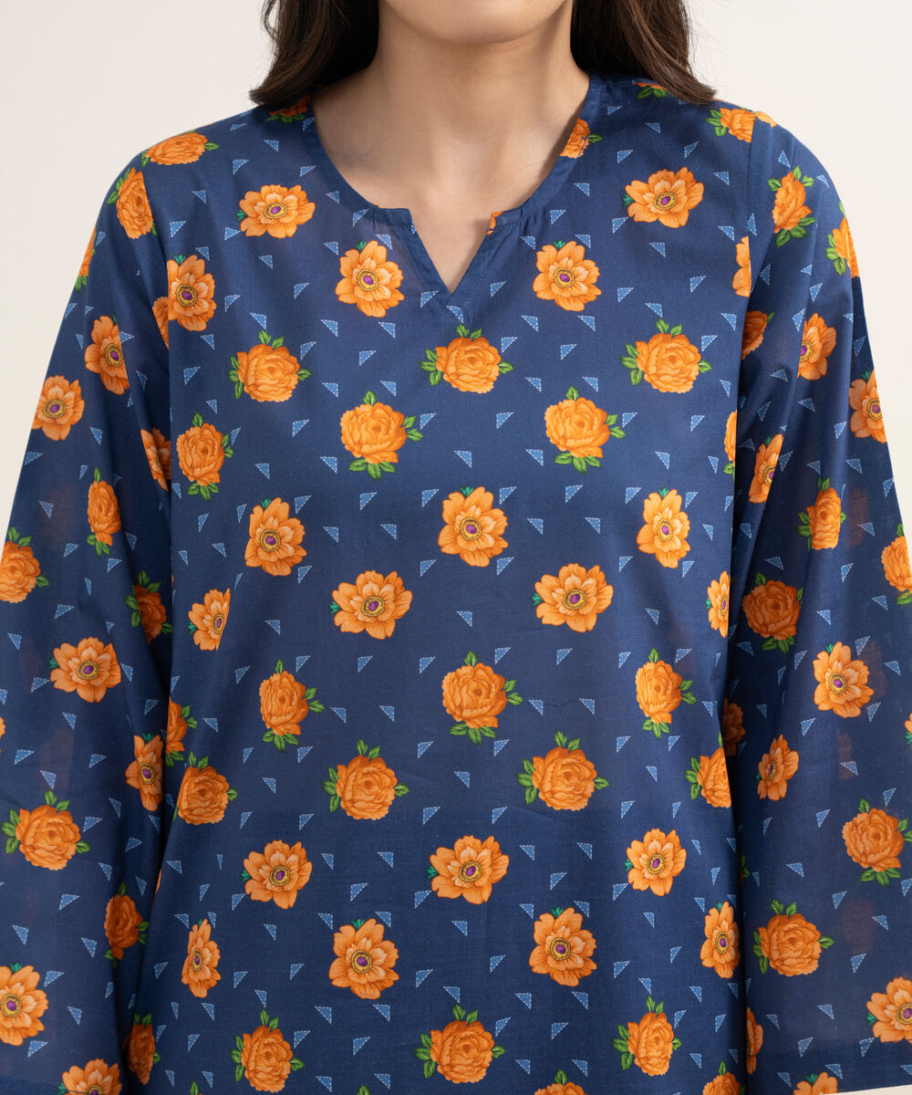 Women's RTW Slub Lawn Printed Dark Blue 3 Piece Suit