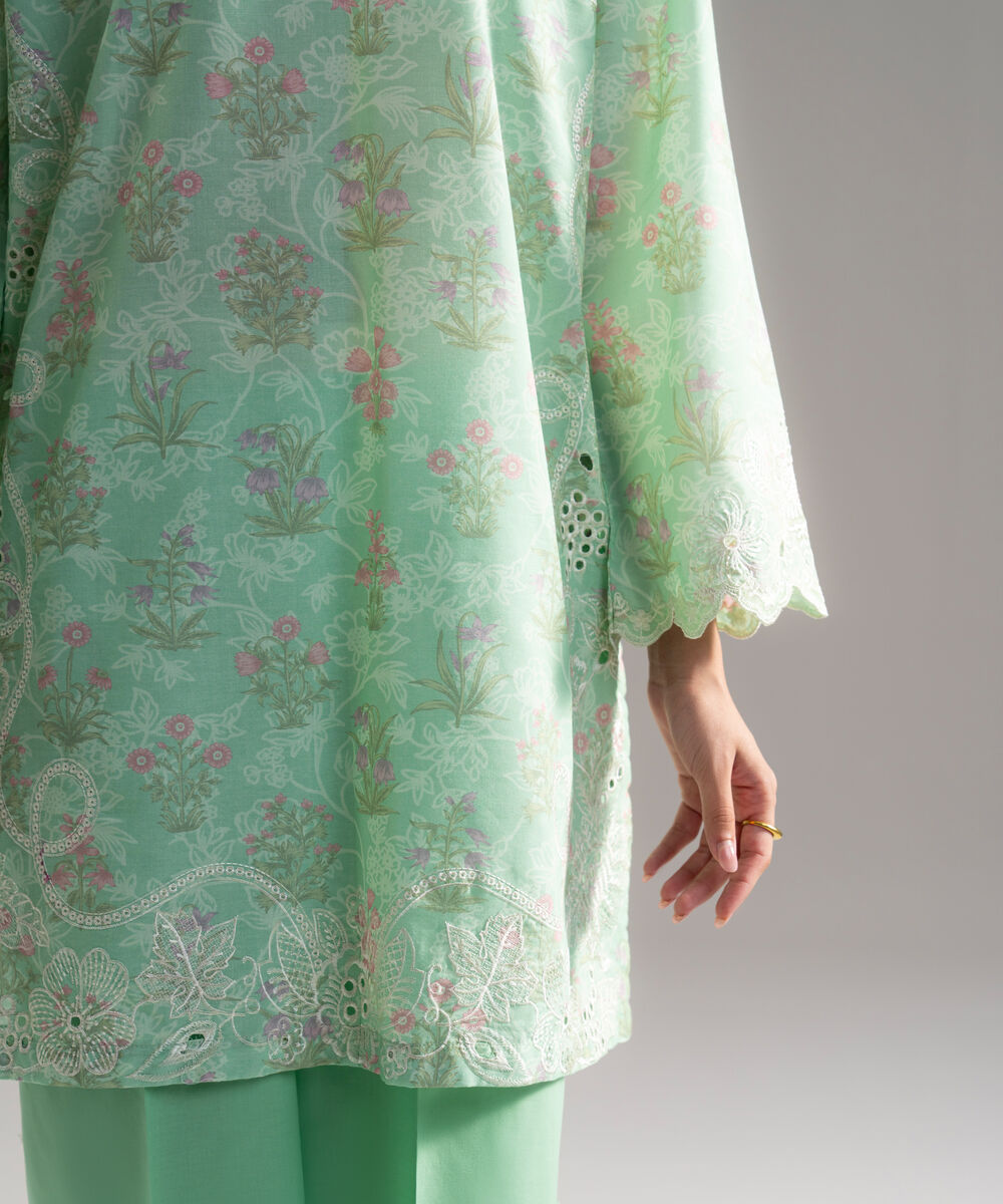 Women's RTW Cotton Viscose Printed Embroidered Green 2 Piece Suit