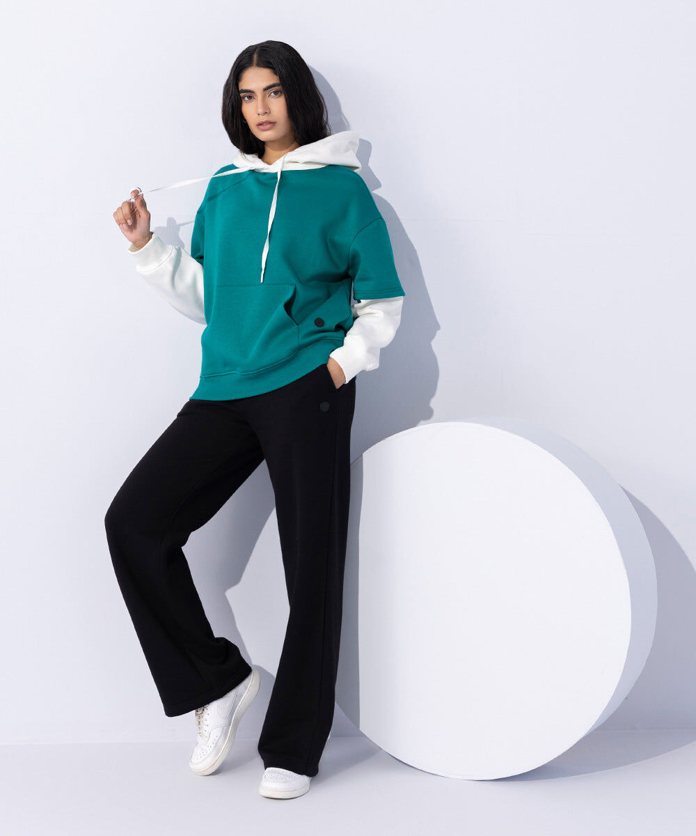 Woman - Green Fleece Color Blocked Hoodie