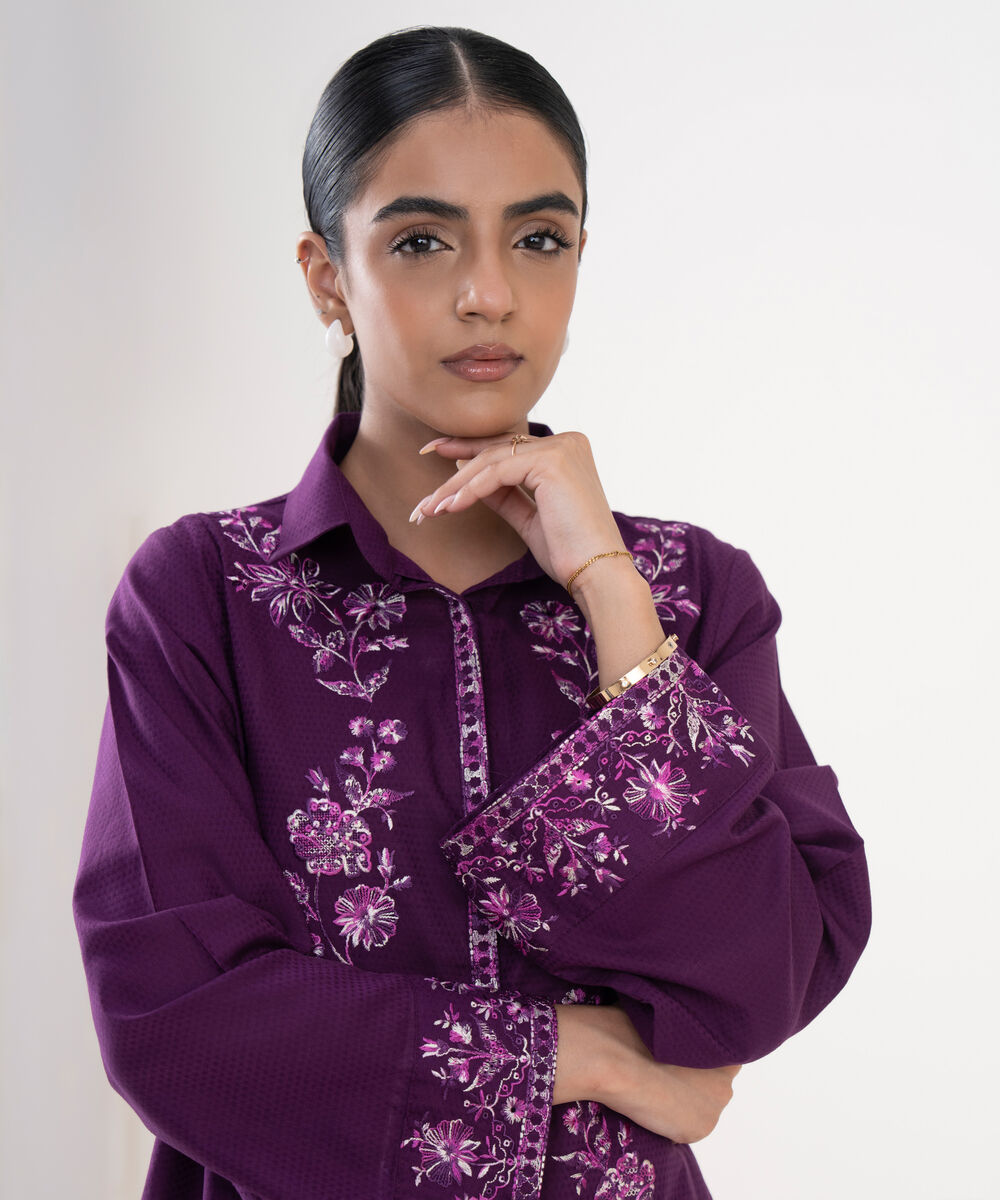 Women's RTW Textured Lawn Purple Embroidered Boxy Shirt
