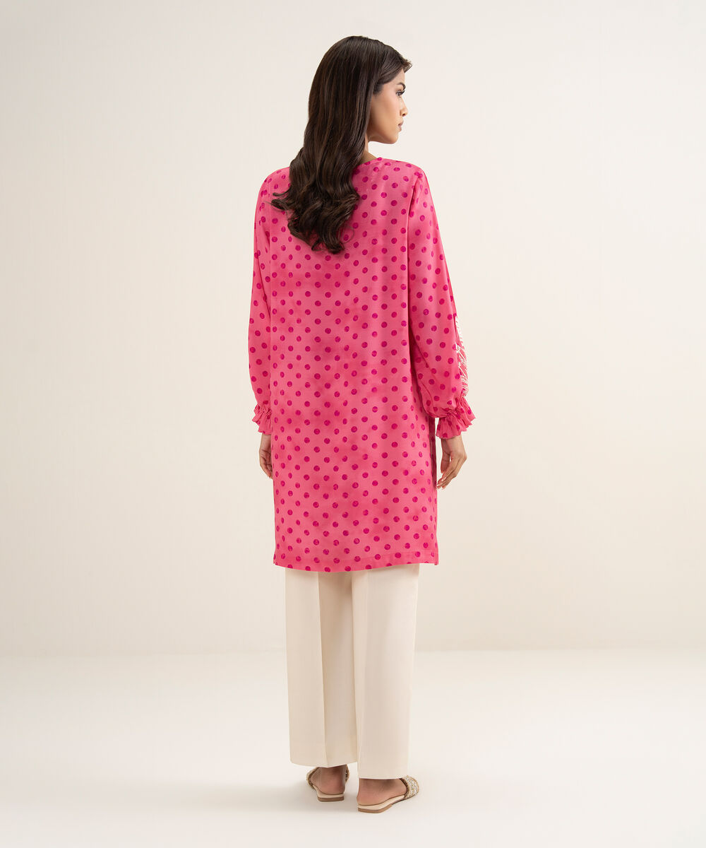 Women's RTW Viscose Raw Silk Embroidered Pink Straight Shirt