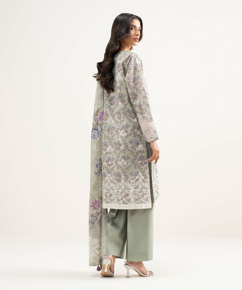 Women's Unstitched Zari Lawn Embroidered Grey 3 Piece Suit