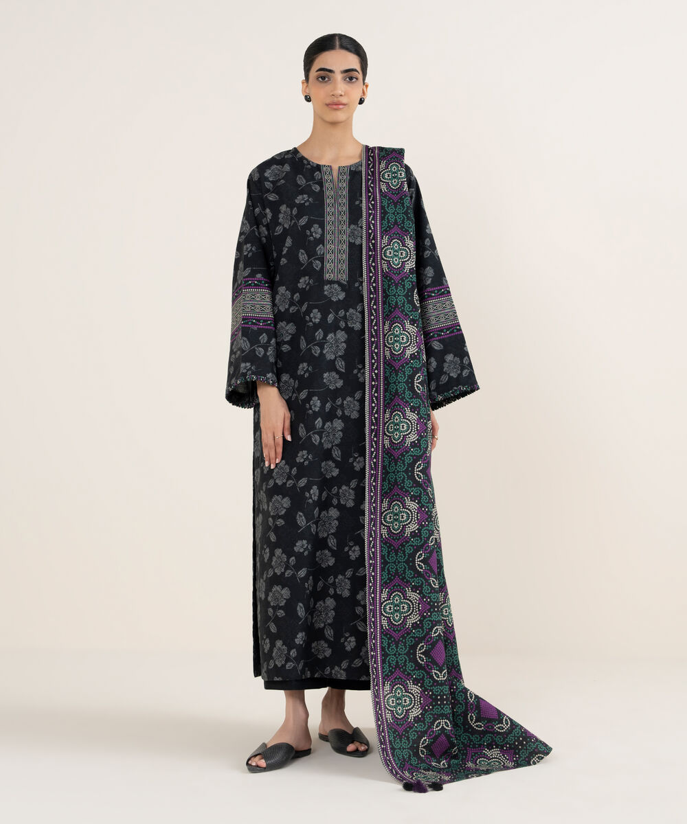 Women's Unstitched Printed Khaddar Black 3 Piece Suit