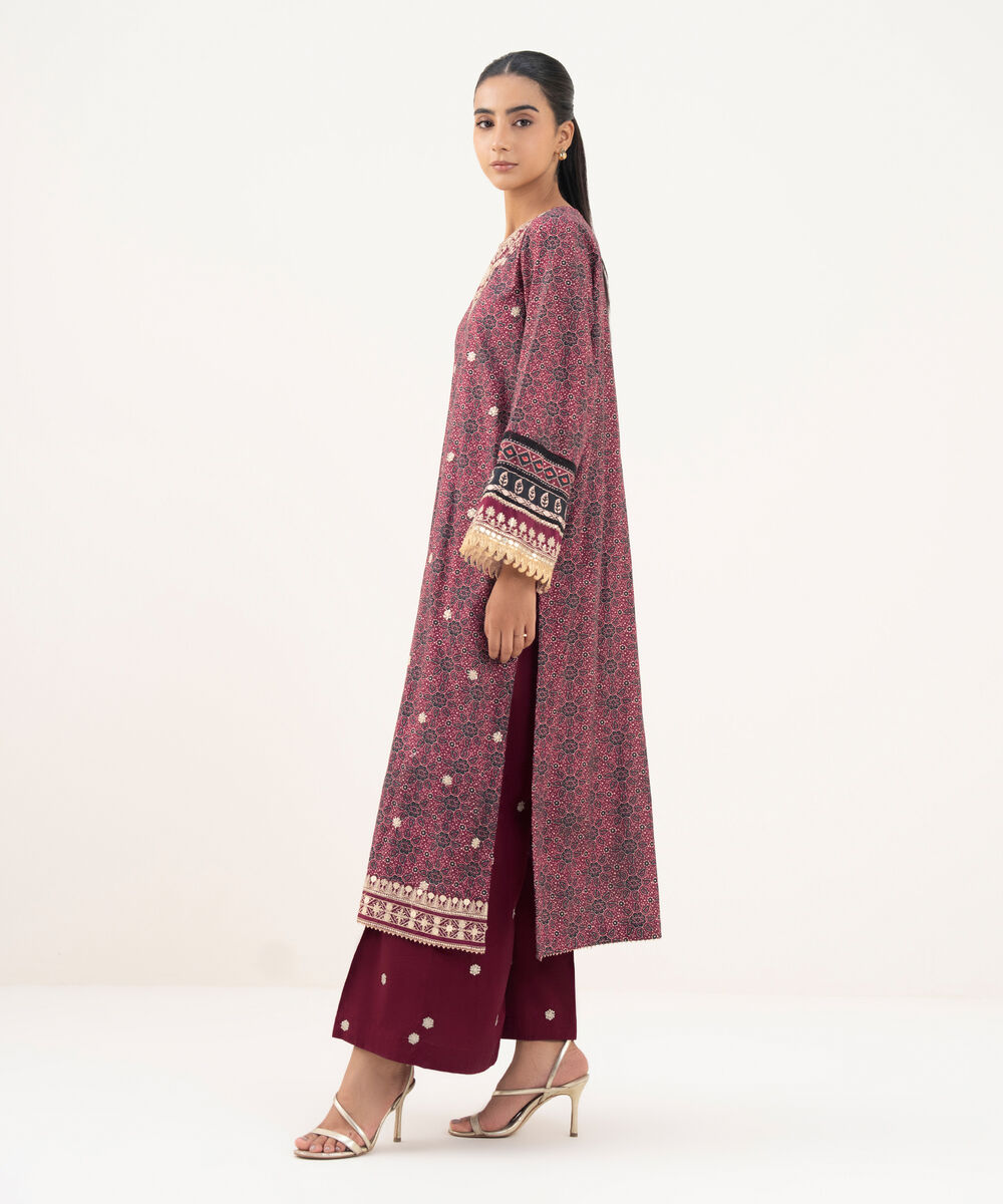 Women's RTW Textured Lawn Maroon Embroidered A-Line Shirt