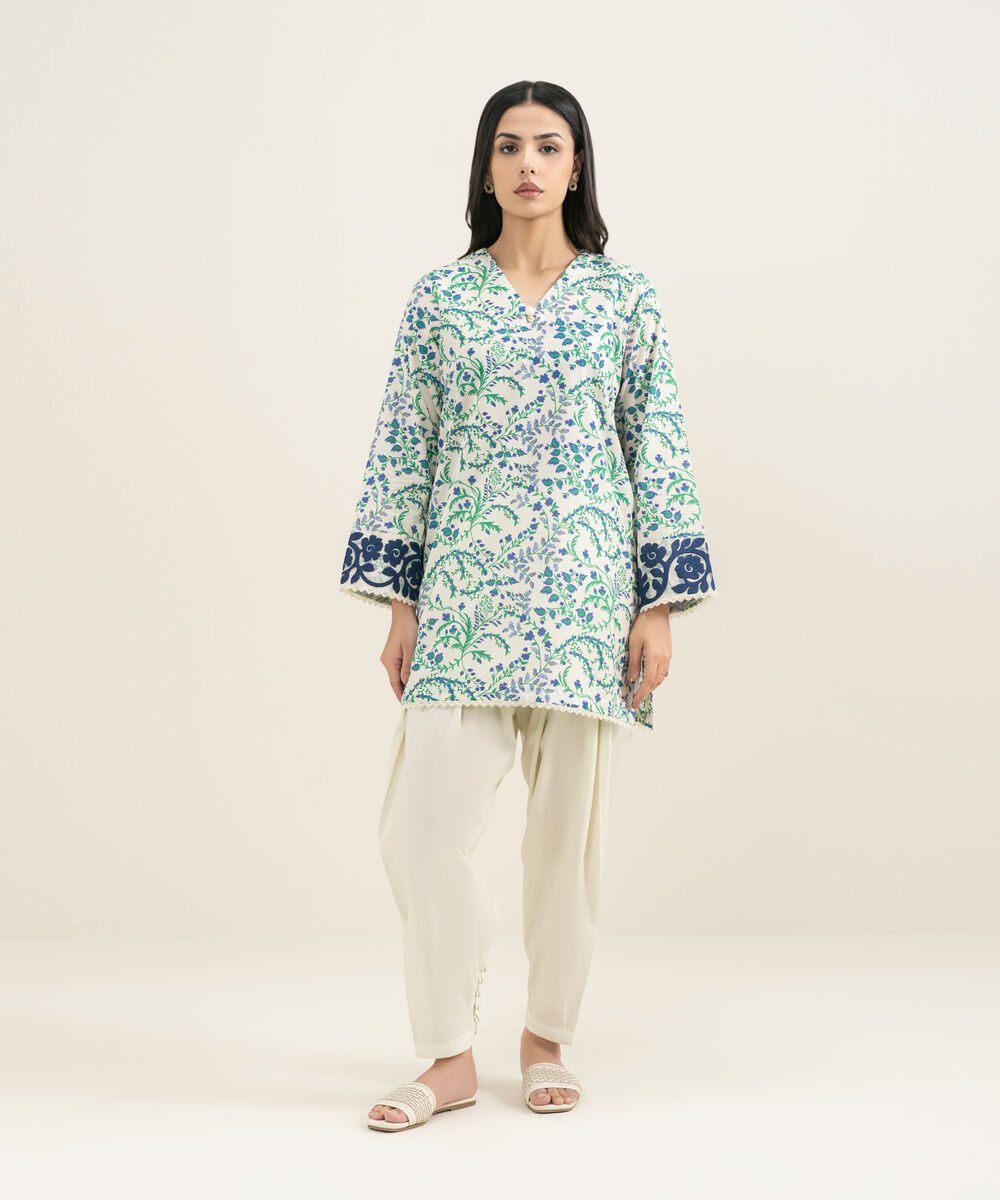 Women's RTW Slub Lawn Embroidered Blue Straight Shirt