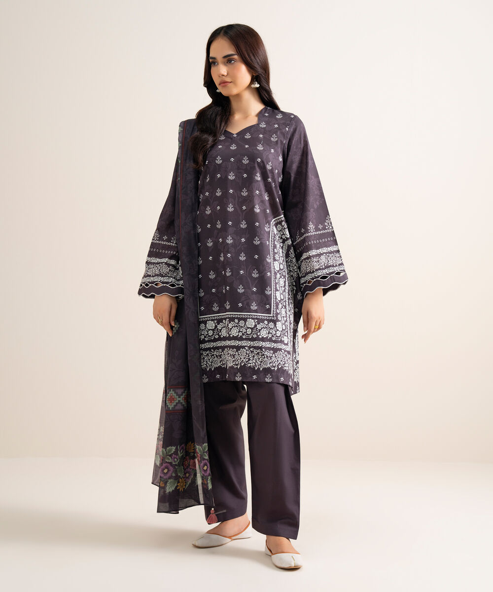 Women's Unstitched Printed Lawn Purple 3 Piece Suit
