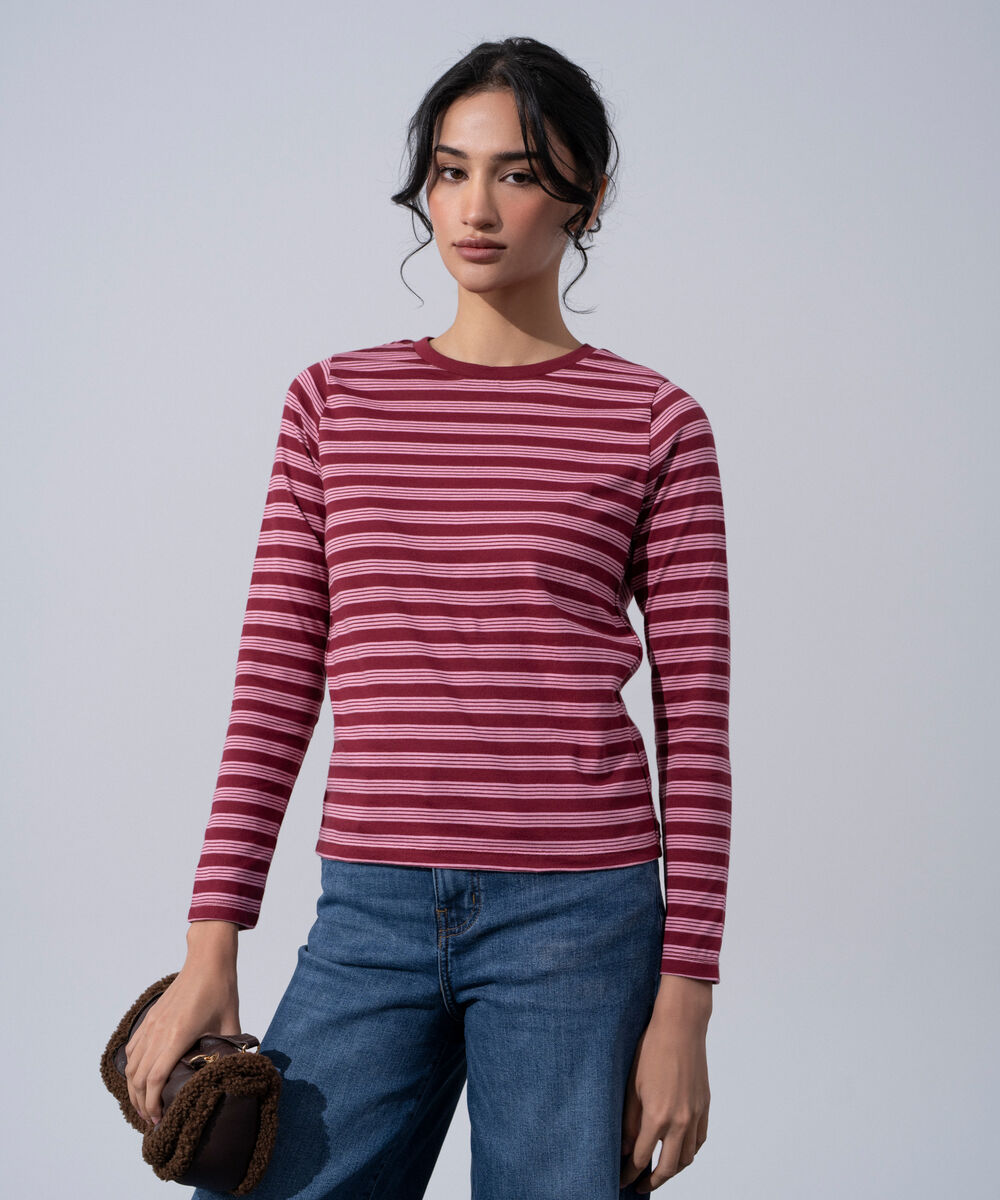 Women's Western Wear Pink And Merlot Cotton Full Sleeves Knit T-Shirt