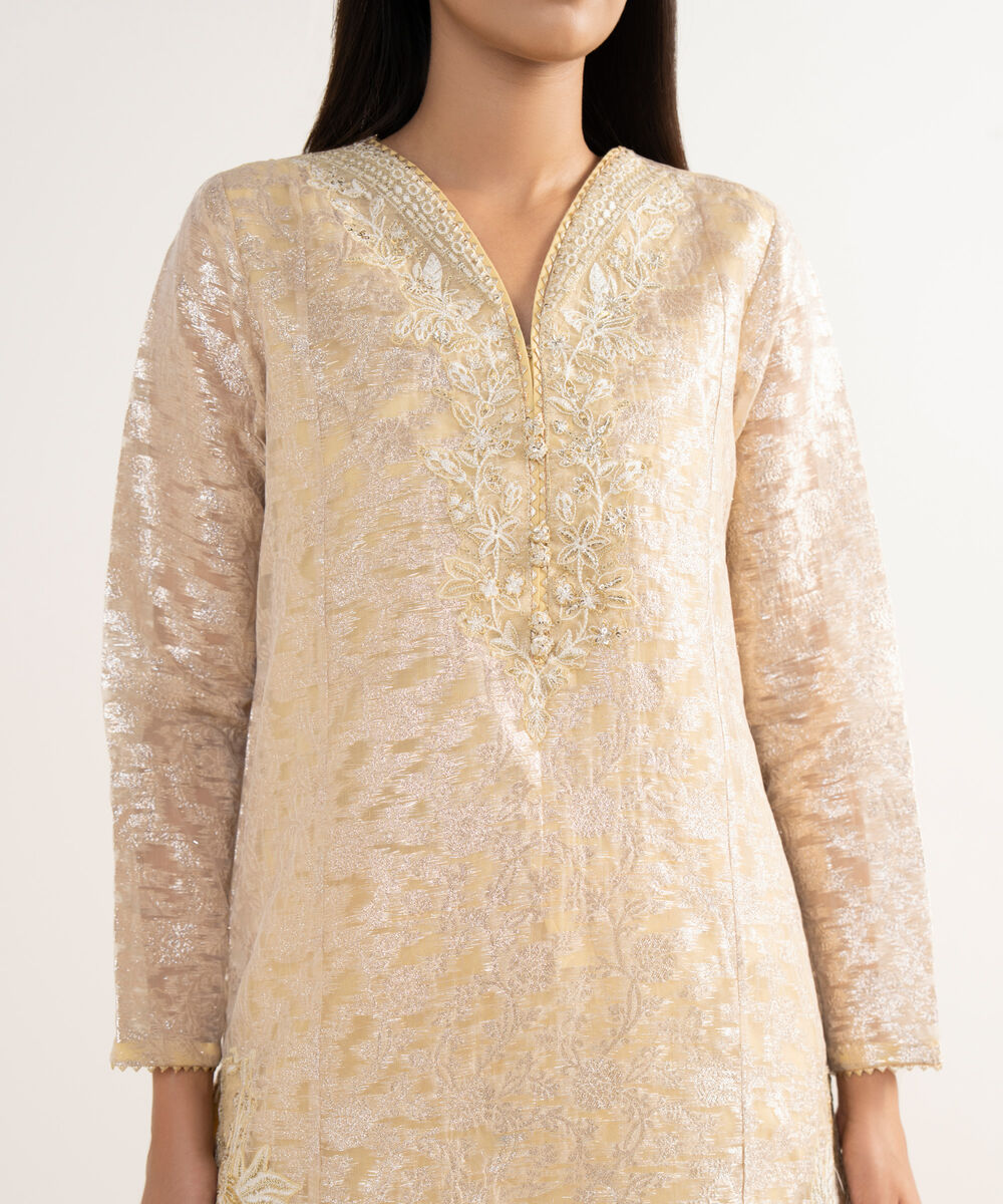 Women's RTW Zari Jacquard Yellow Embroidered 2 Piece Suit