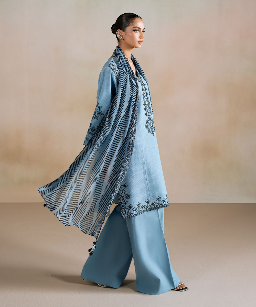 Women's Unstitched Dobby Embroidered Blue 3 Piece Suit