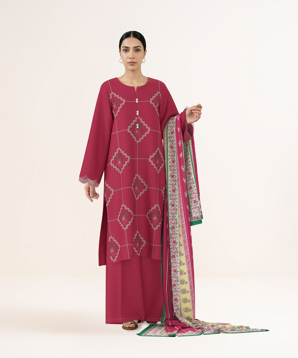 Women's Unstitched Self Jacquard Pink Embroidered 3 Piece Suit