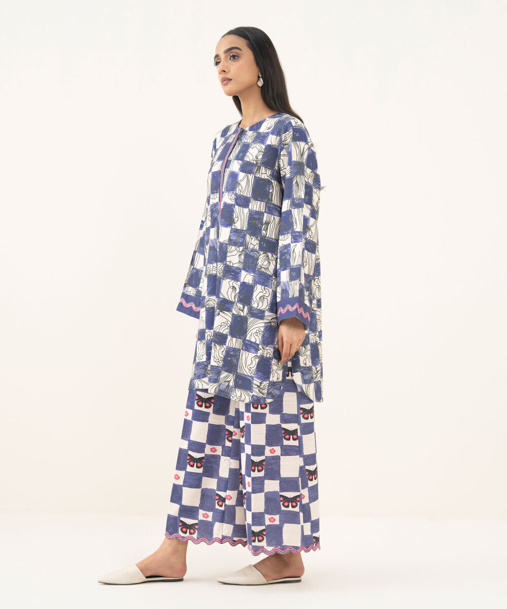 Women's RTW Herringbone Embroidered Blue Straight Shirt