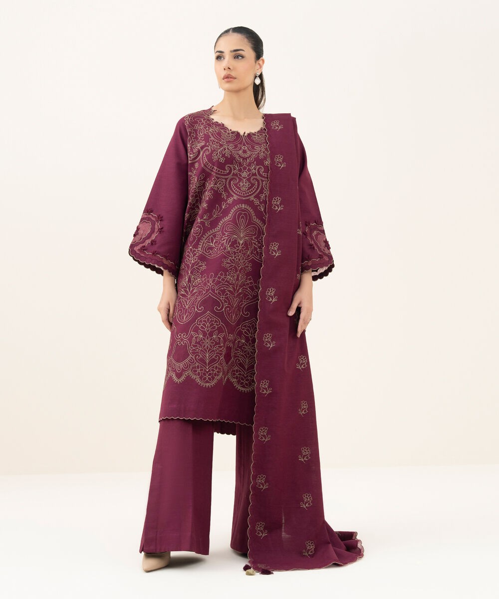 Women's Unstitched Embroidered Cotton Plum 3 Piece Suit