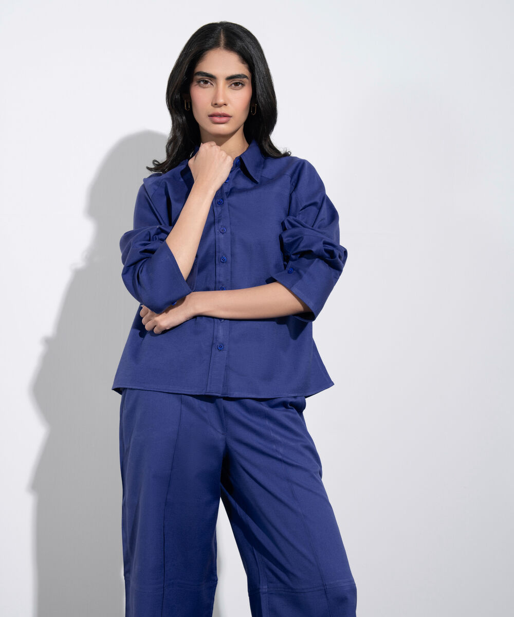 Women's Western Blue Relaxed-Fit Linen Blend Shirt