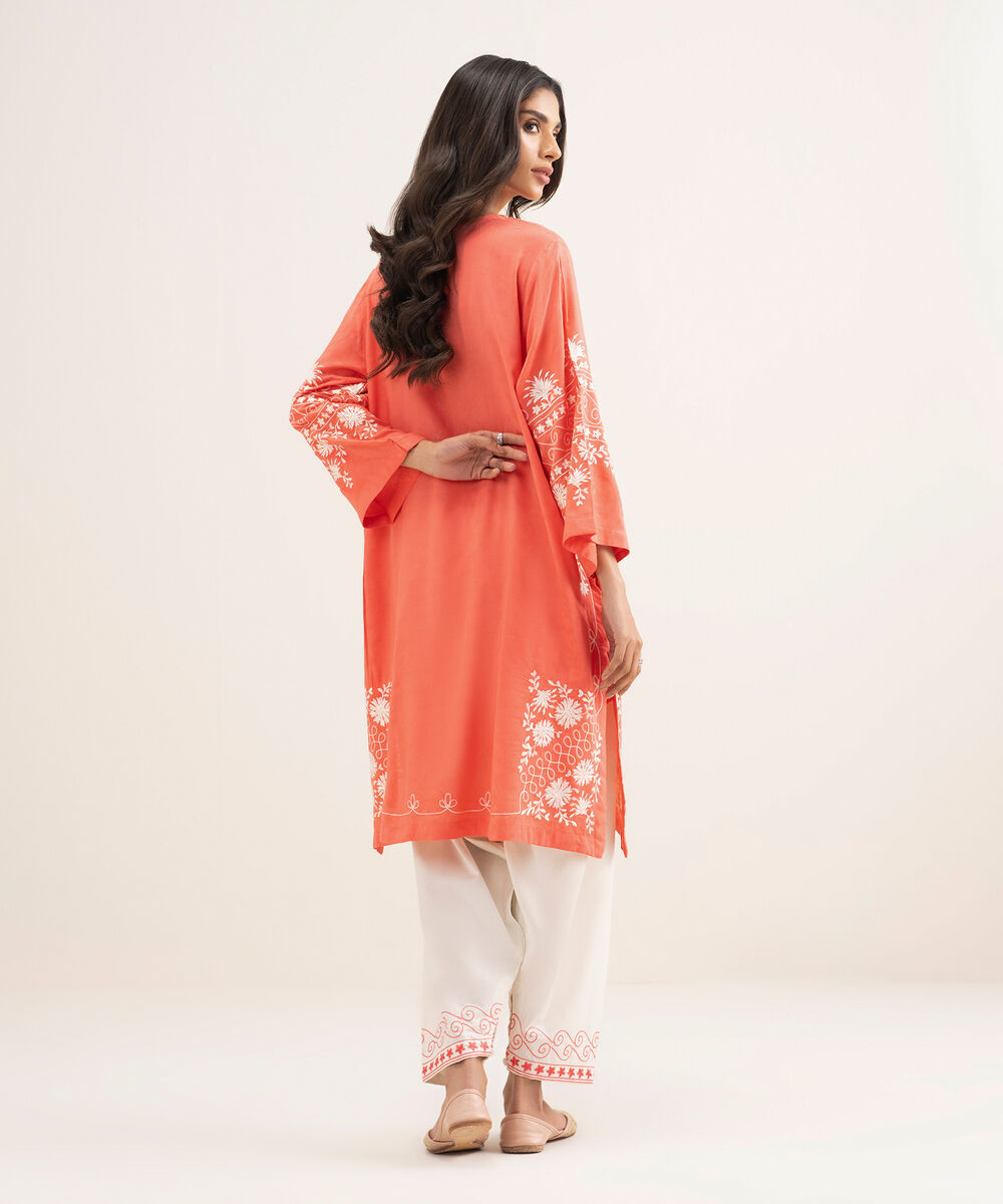 Women's RTW Arabic Self Jacquard Embroidered Orange Straight Shirt