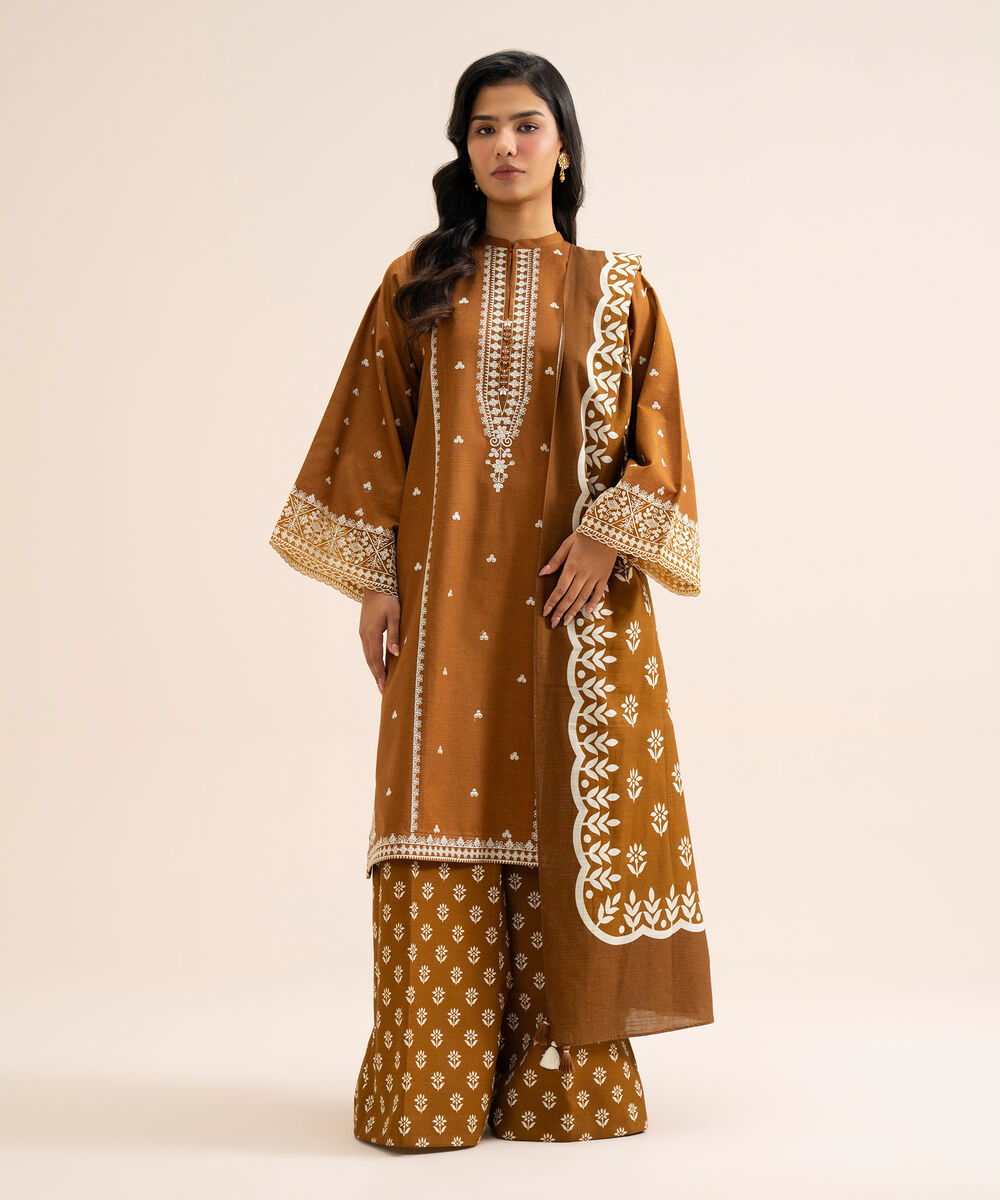 Women's Unstitched Light Khaddar Embroidered Brown 3 Piece Suit