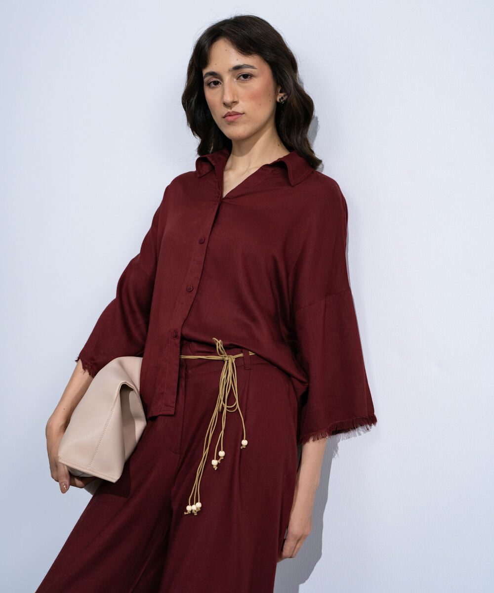 Women's Red Linen Blend V-Neck Top