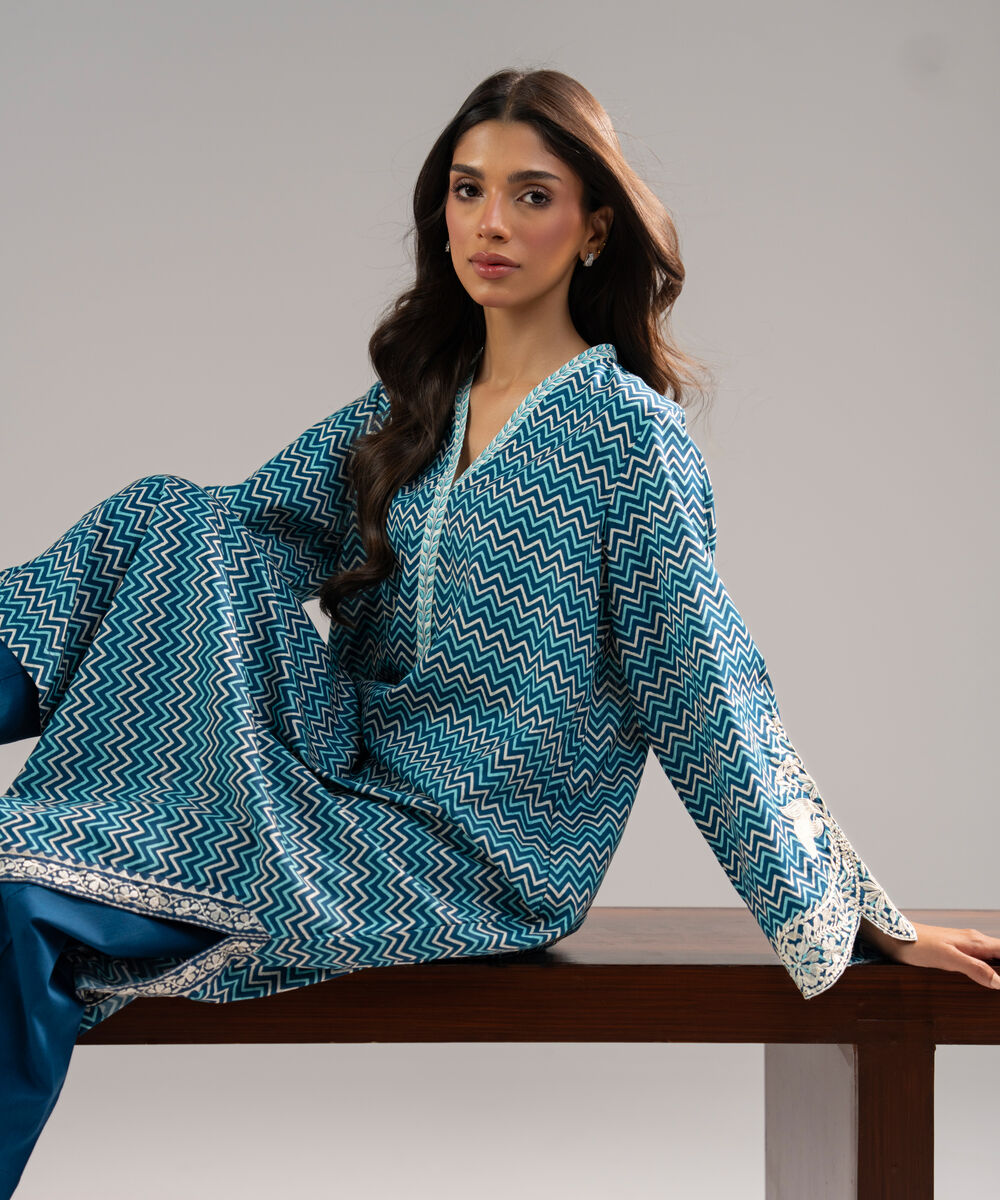 Women's RTW Cotton Viscose Embroidered Dark Blue Straight Shirt