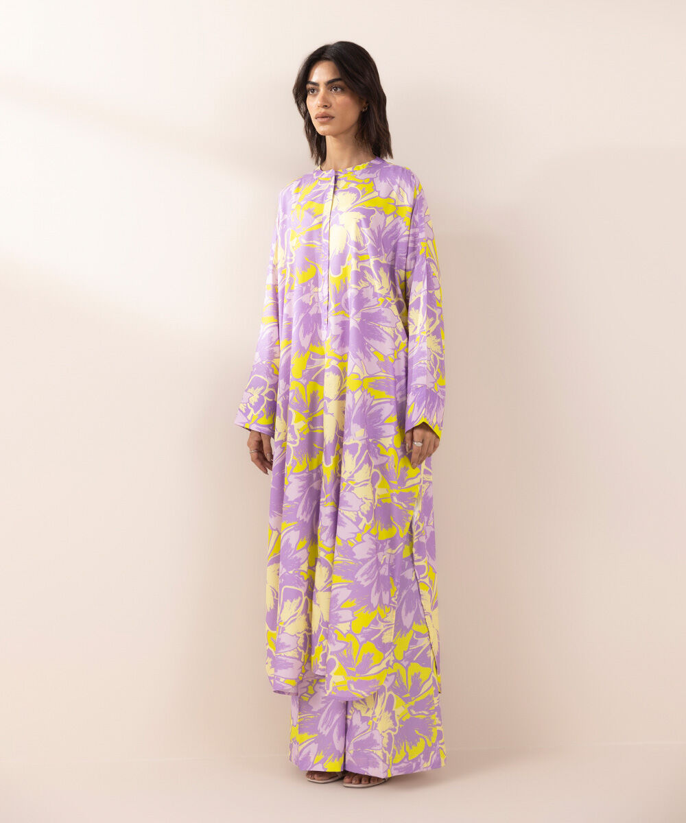 Women's RTW Arabic Lawn Purple Printed Boxy Shirt