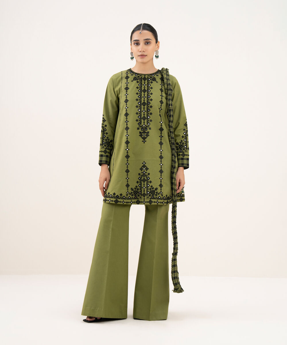 Women's Unstitched Lawn Embroidered Green 3 Piece Suit