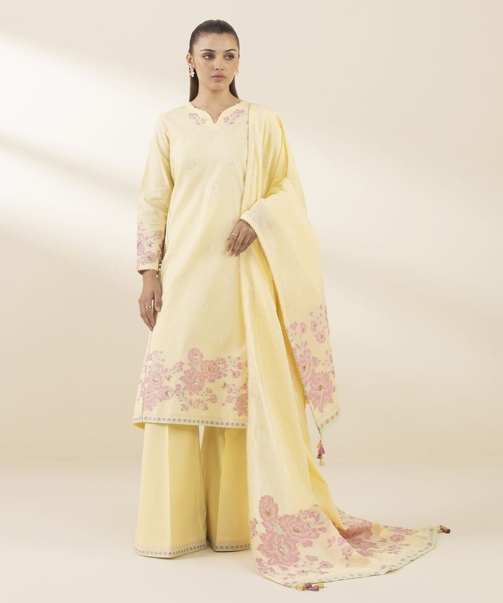 Unstitched Women's Yellow Jacquard 3 Piece Suit